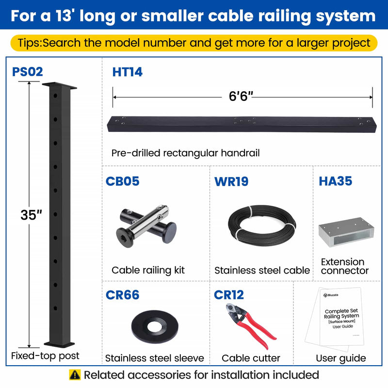 Load image into Gallery viewer, Muzata 13&#39; cable railing system parts: posts, handrail, cables, and installation tools.
