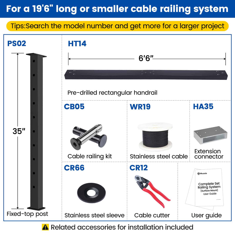 Load image into Gallery viewer, Muzata 36&quot; 6.5ft-19.5ft Black Surface Mount All-in-One Cable Railing System DIY Kit, One Stop Service Complete Set
