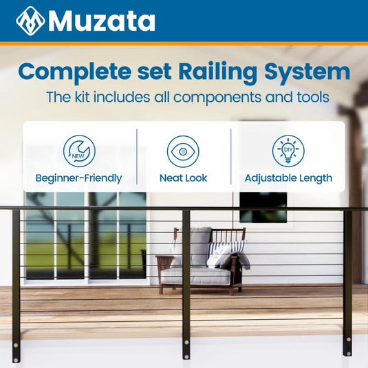 Muzata 36" 6.5ft Black Side Mount All-in-One Cable Railing System DIY Kit, One Stop Service Complete Set