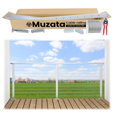 Muzata cable railing kit with components and scenic background