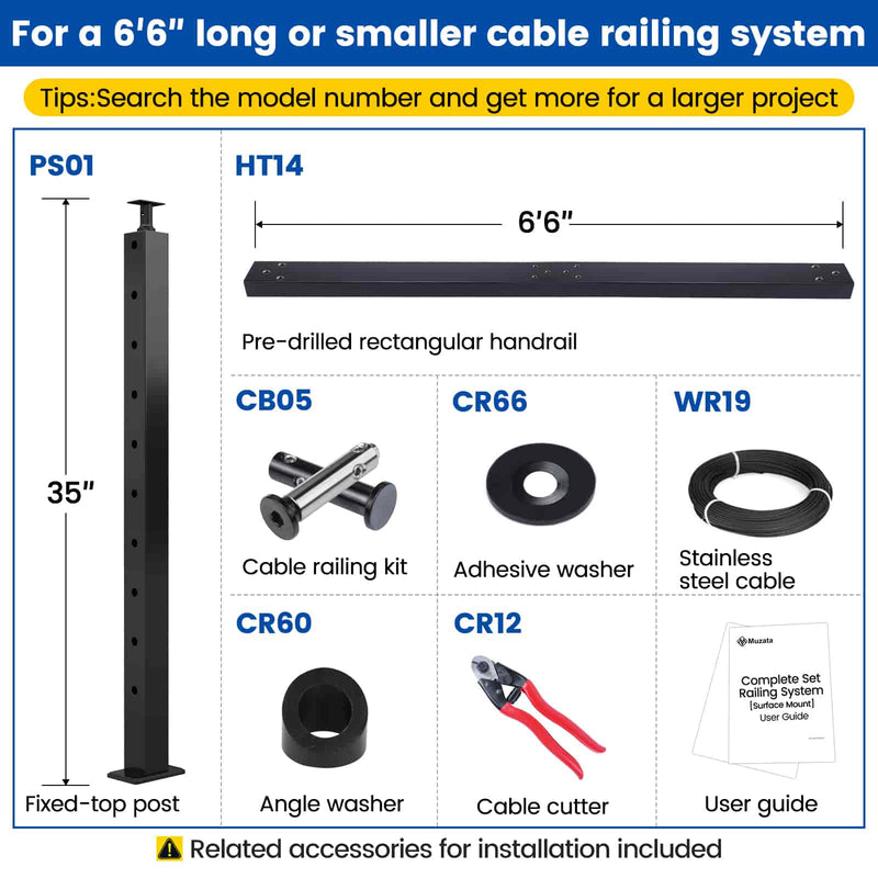 Load image into Gallery viewer, Muzata 36&quot; 6.5ft Black Surface Mount All-in-One Stair Cable Railing System DIY Kit, One Stop Service Complete Set
