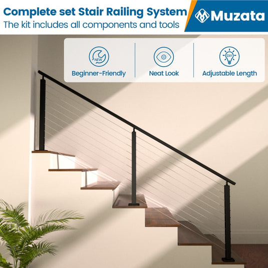 Muzata 36" 6.5ft Black Surface Mount All-in-One Stair Cable Railing System DIY Kit, One Stop Service Complete Set