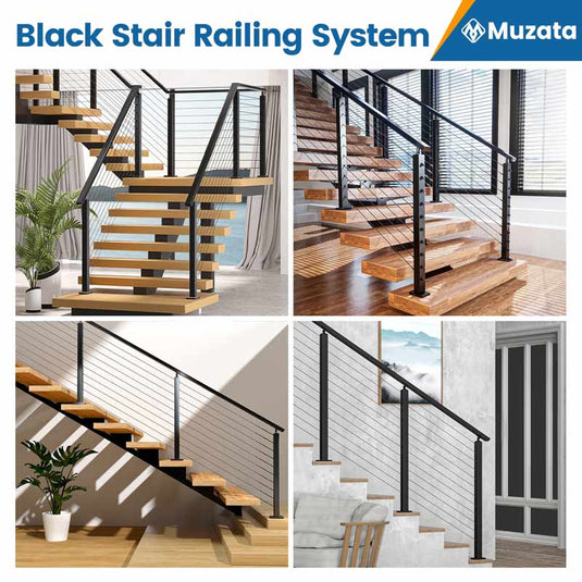 Muzata 36" 6.5ft Black Surface Mount All-in-One Stair Cable Railing System DIY Kit, One Stop Service Complete Set