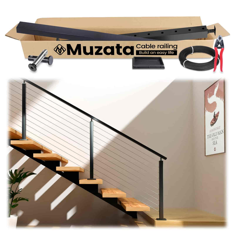 Load image into Gallery viewer, Muzata 36&quot; 6.5ft Black Surface Mount All-in-One Stair Cable Railing System DIY Kit, One Stop Service Complete Set

