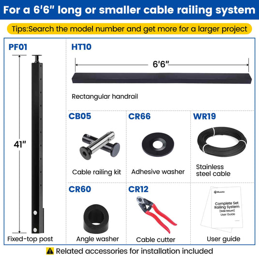 Muzata 36" 6.5ft Black Side Mount All-in-One Stair Cable Railing System DIY Kit, One Stop Service Complete Set