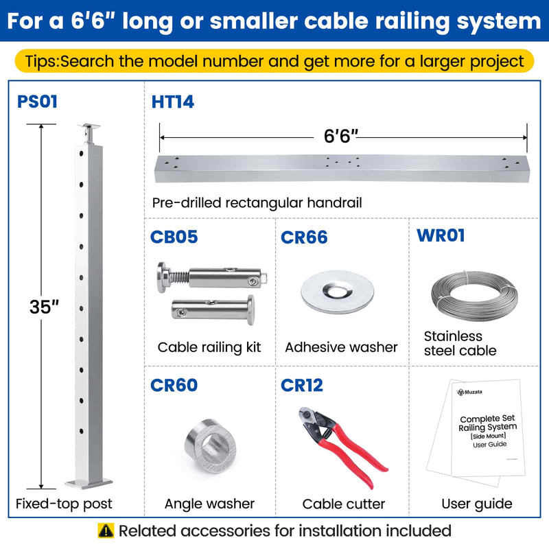 Load image into Gallery viewer, Muzata 36&quot; 6.5ft Stair Cable Railing System Complete Set, One Stop Service All-in-One DIY Kit Fit
