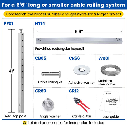 Muzata 36" 6.5ft Stair Cable Railing System Complete Set, One Stop Service All-in-One DIY Kit Fit