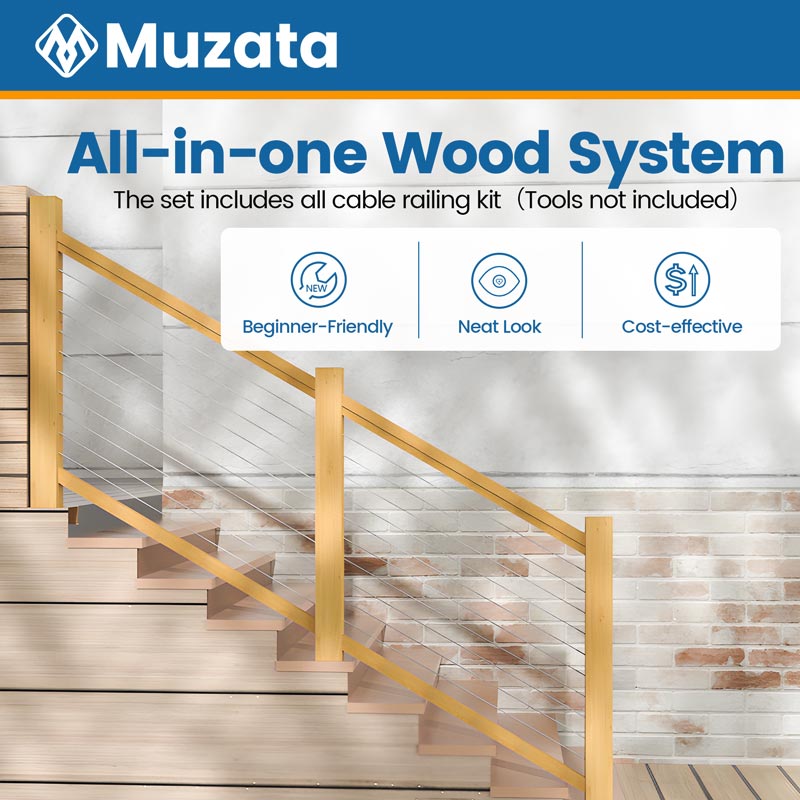 Muzata Wood Cable Railing System, All-in-One DIY Stair Section