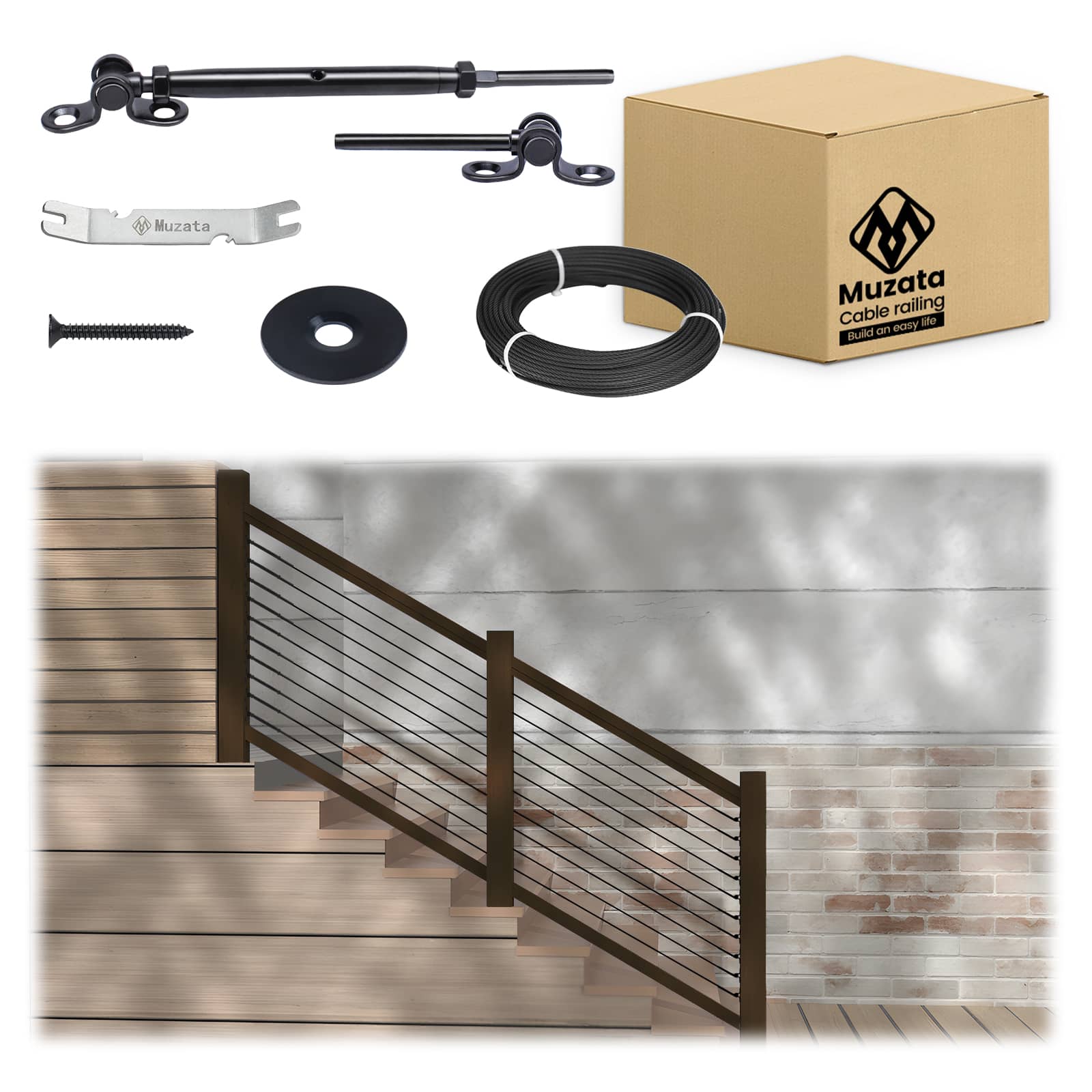 Muzata Wood Cable Railing System, All-in-One DIY Stair Section
