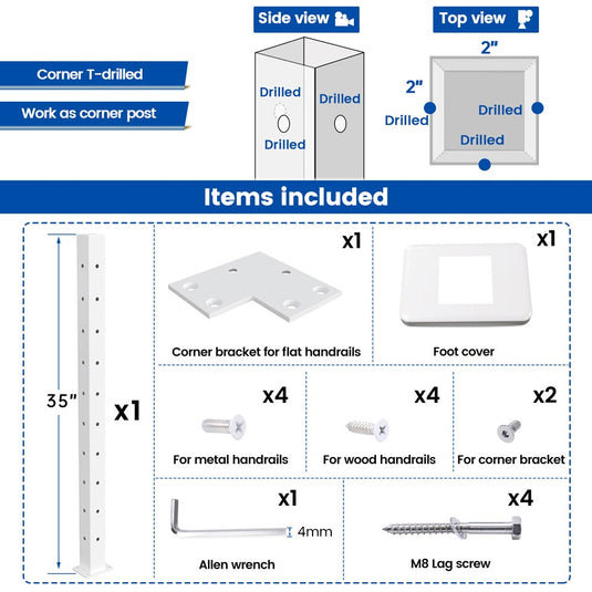 Muzata 36"x2"x2" (Post Body 35") White T304 L-drilled Post PS02 WC4S