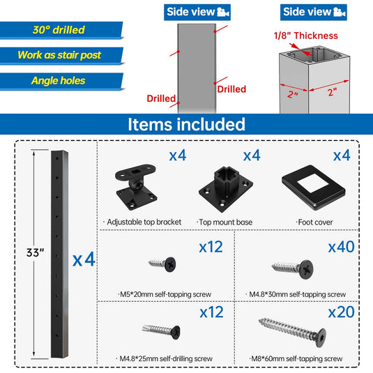 Muzata 36"x2"x2" (Post Body 33'') Aluminum Post 30°-drilled Black Finish PD01 BAAS - Muzata