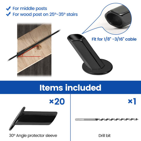 30-degree angle protector sleeves and drill bit for cable railing system