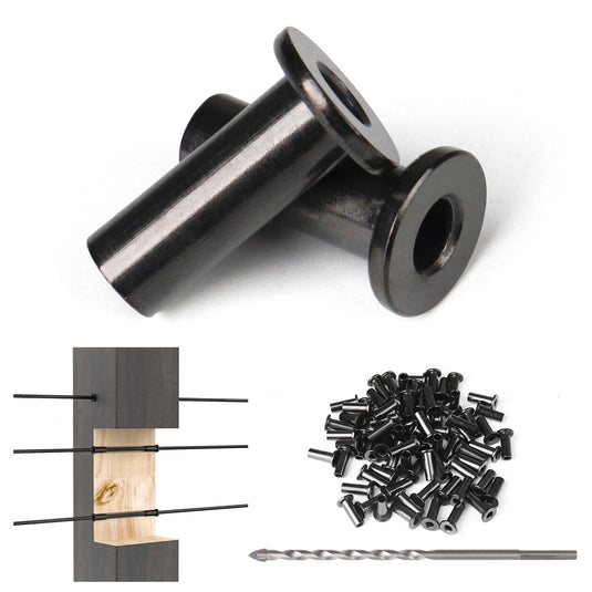 Black cable railing protective sleeves and drill bit for wood installation