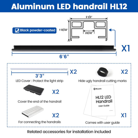Muzata 6'6" LED Aluminum Lighted Metal Handrail Kit HL12 BPA