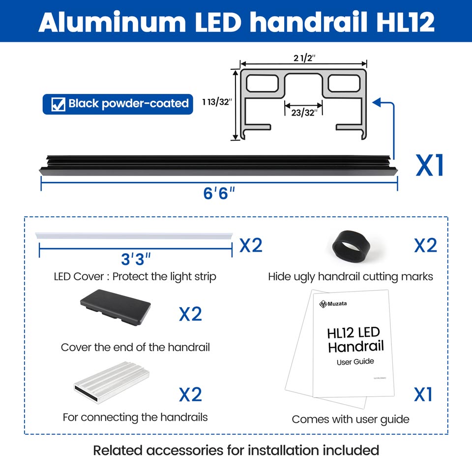 Muzata aluminum LED handrail HL12 components with dimensions and installation guide