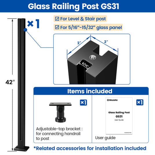 Muzata 42"x2"x2" Black T304 Glass Railing Post with Adjustable Top, GS31 BG4