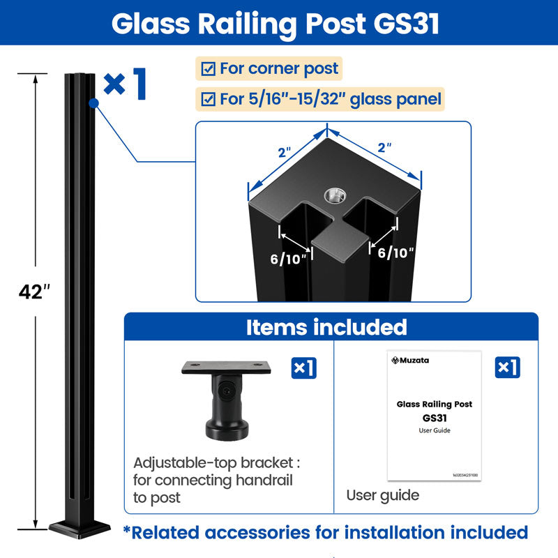 Load image into Gallery viewer, Muzata 42&quot;x2&quot;x2&quot; Black T304 Glass Railing Corner Post with Adjustable Top, GS31 BC4
