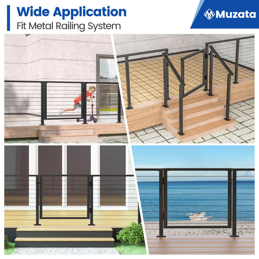 Muzata metal railing system images for decks and stairs in various settings.