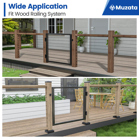 Muzata aluminum deck gate for wood railing systems in outdoor setting.