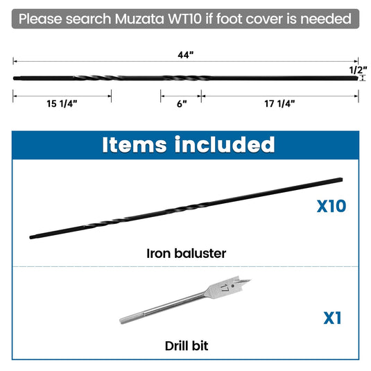 Muzata 44'' Wrought Iron Black Double Twist Hollow Spiral Balusters, WT14