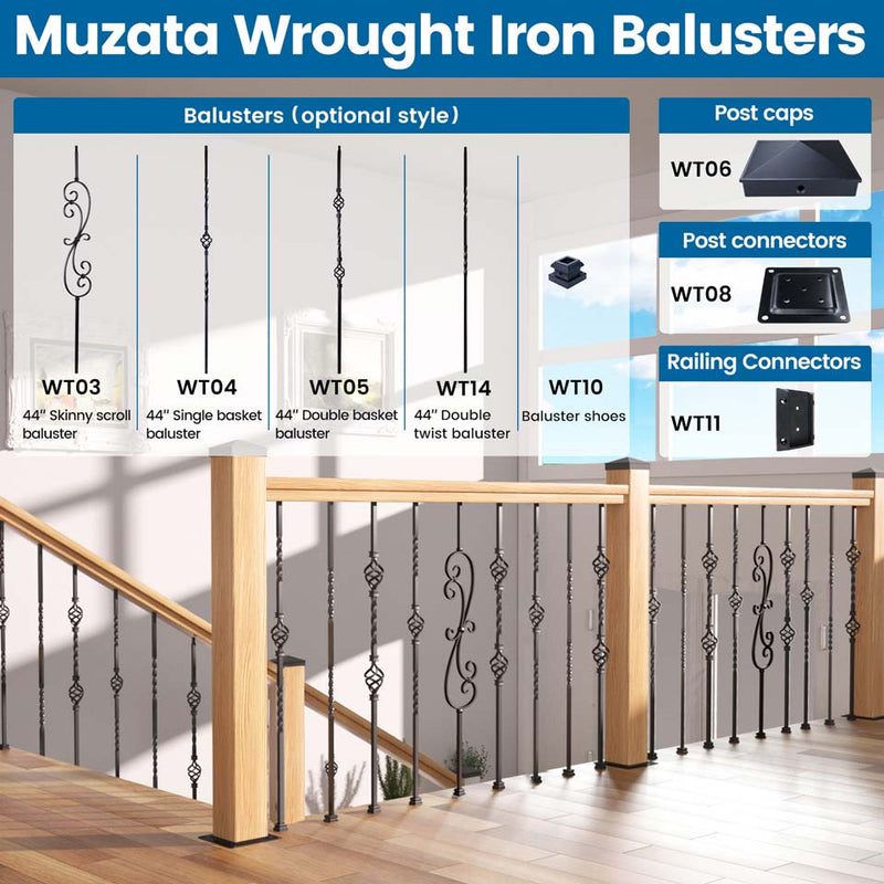 Load image into Gallery viewer, Muzata 44&#39;&#39; Wrought Iron Black Double Twist Hollow Spiral Balusters, WT14
