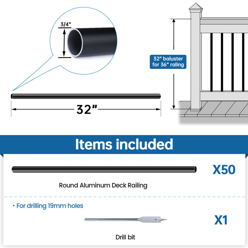 Load image into Gallery viewer, Muzata 32&quot; Round Black Aluminum 3/4&quot; Diameter Hollow Deck Balusters, WT15
