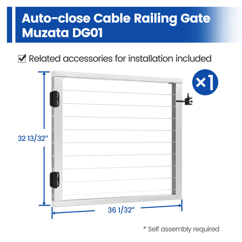 Load image into Gallery viewer, Muzata DG01 auto-close railing gate with dimensions for cable railing setup
