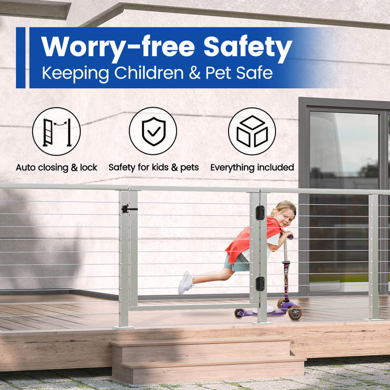 Load image into Gallery viewer, Child safely scooting by Muzata aluminum deck gate with auto-close feature.
