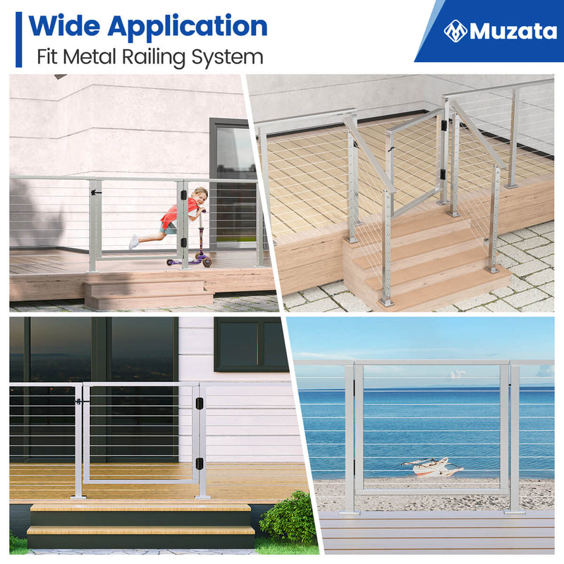 Load image into Gallery viewer, Muzata cable railing systems in different outdoor settings with child safety focus.
