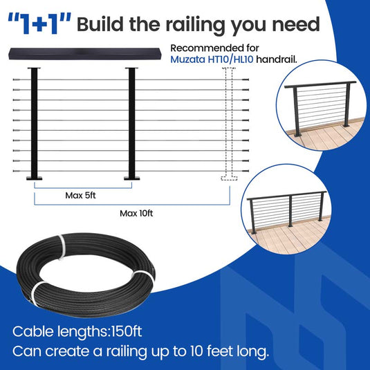 Muzata 36" Black 3ft-6.5ft Cable Railing System DIY Kit (No Handrail)