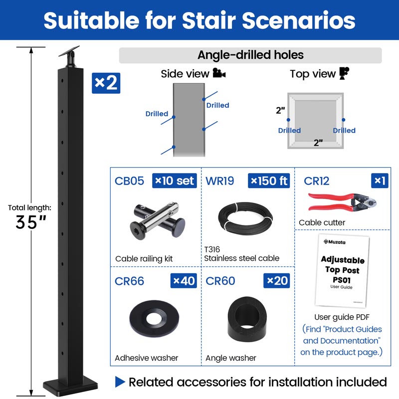 Load image into Gallery viewer, Muzata 36&quot; Black 3ft-6.5ft Cable Railing System DIY Kit (No Handrail)
