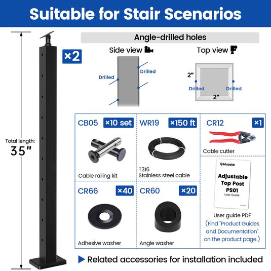 Muzata 35" black cable railing post with installation accessories and drilling details.