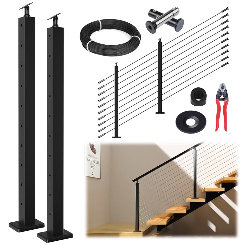 Load image into Gallery viewer, Muzata DIY cable railing kit with black posts, wire rope, fasteners, and installation tools
