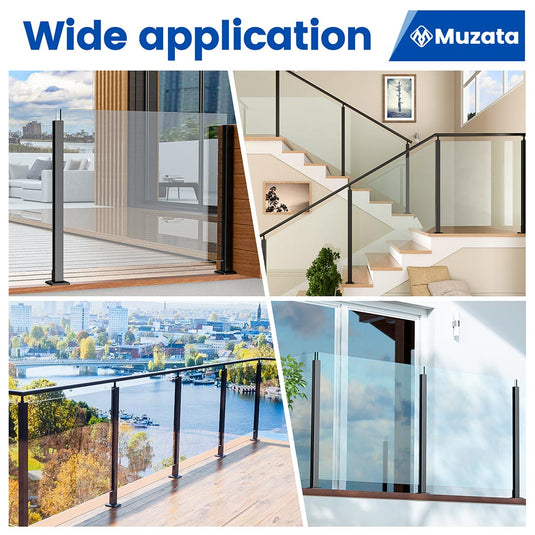 Muzata 36"x2"x2" Black T304 Glass Railing Post with Adjustable Top, GS41 BG4