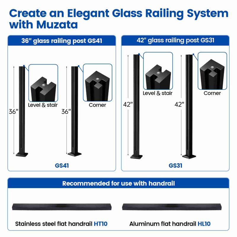 Load image into Gallery viewer, Muzata 36&quot;x2&quot;x2&quot; Black T304 Glass Railing Post with Adjustable Top, GS41 BG4
