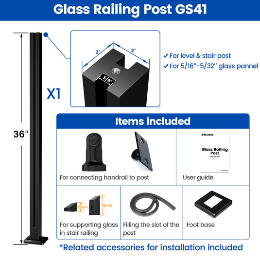 Muzata 36"x2"x2" Black T304 Glass Railing Post with Adjustable Top, GS41 BG4