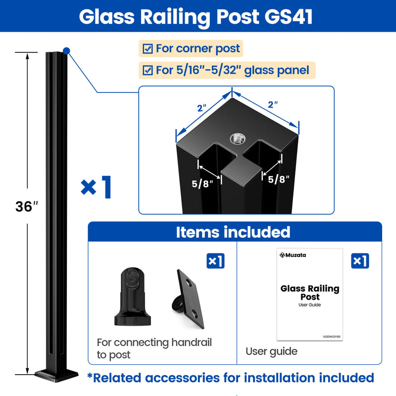 Load image into Gallery viewer, Muzata 36&quot;x2&quot;x2&quot; Black T304 Glass Railing Corner Post with Adjustable Top, GS41 BC4
