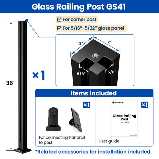 Muzata 36"x2"x2" Black T304 Glass Railing Corner Post with Adjustable Top, GS41 BC4