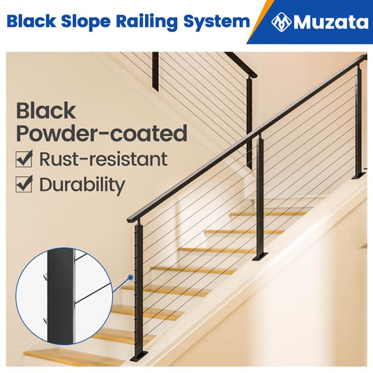 Muzata 3ft-6.5ft Slope Stairway Cable Railing System, All-in-One DIY Stair Section