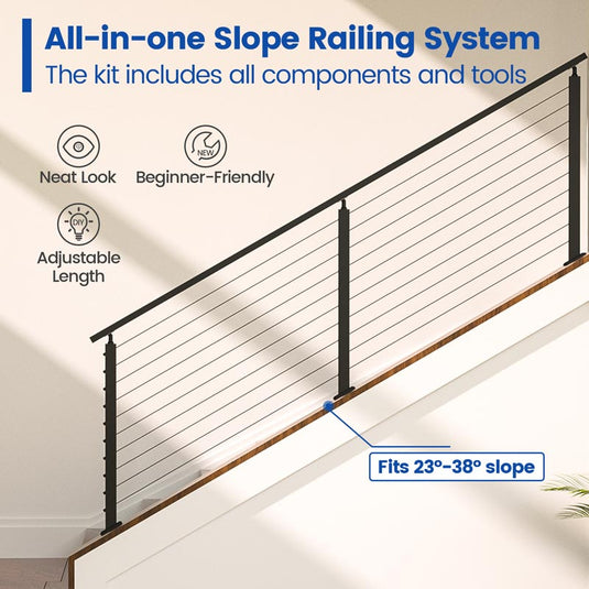 Muzata 3ft-6.5ft Slope Stairway Cable Railing System, All-in-One DIY Stair Section