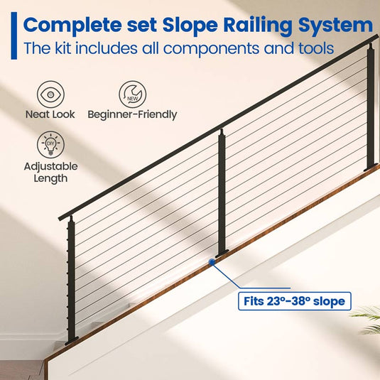 Muzata 36" 6.5ft Black Surface Mount All-in-One Slope Stairway Cable Railing SystemDIY Kit, One Stop Service Complete Set