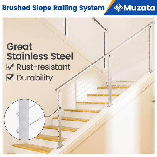 Muzata 36" Slope Stairway Cable Railing System, All-in-One DIY Stair Section