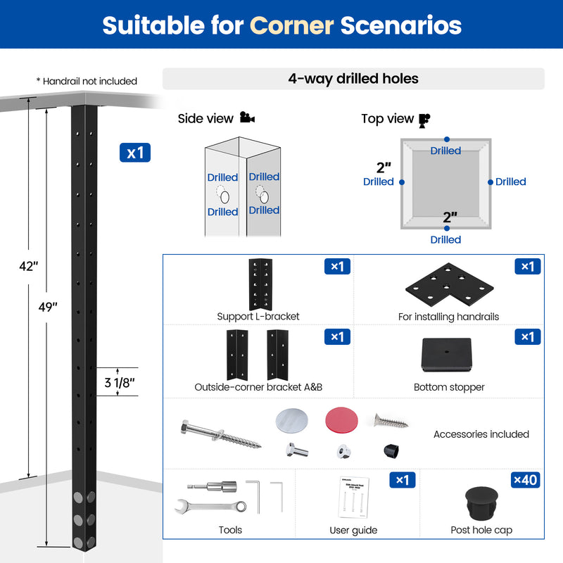 Load image into Gallery viewer, Muzata 42" Black Side Mounted Steel Cable Railing Corner Post, Four-Way Drilled PF02 B44L
