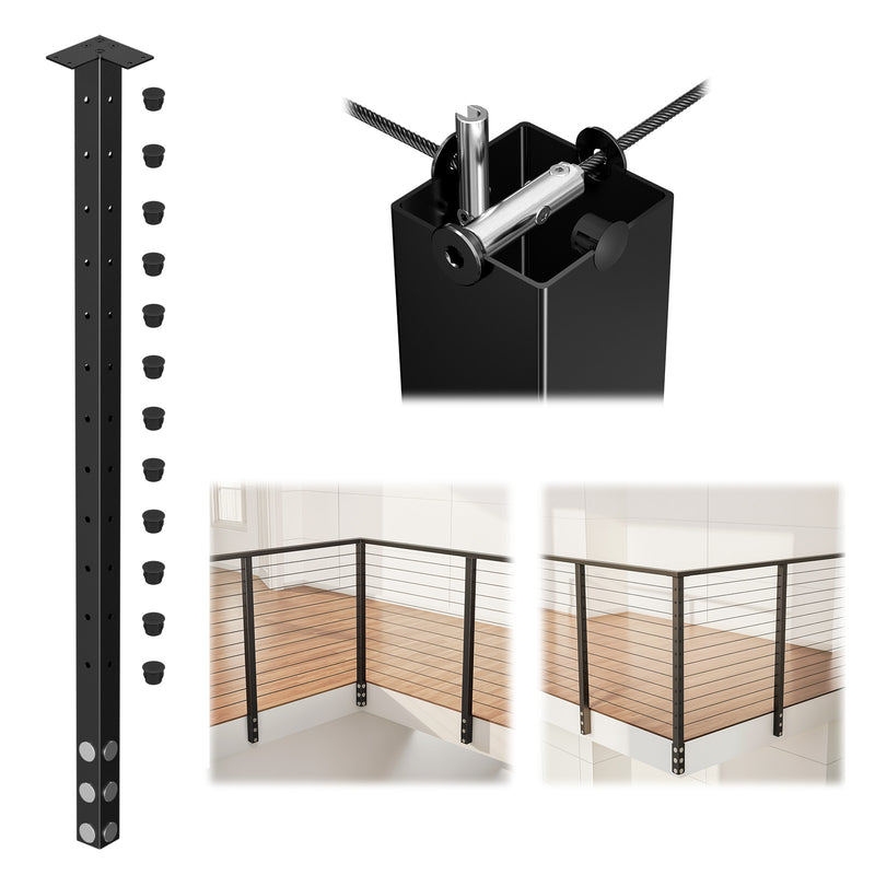 Load image into Gallery viewer, Muzata 42" Black Side Mounted Steel Cable Railing Corner Post, Four-Way Drilled PF02 B44L
