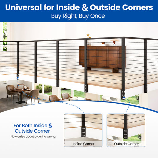 Muzata 42" Black Side Mounted Steel Cable Railing Corner Post, Four-Way Drilled PF02 B44L