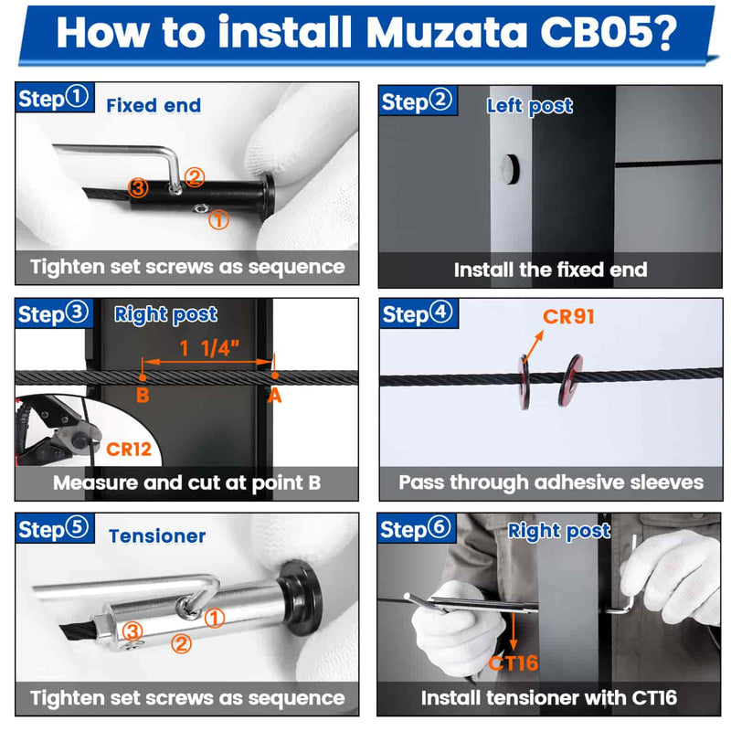 Load image into Gallery viewer, Step-by-step guide for installing Muzata CB05 cable tensioner with tools and parts.
