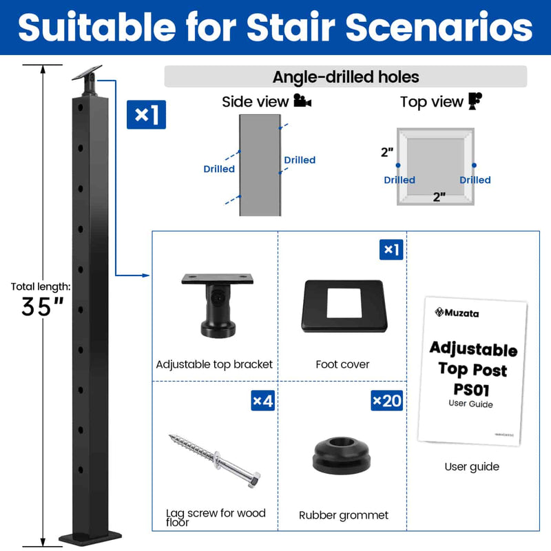 Load image into Gallery viewer, Muzata 36&quot;x2&quot;x2&quot; 30°-drilled Angle Stainless Steel Top Mount Post PS01 BA4S
