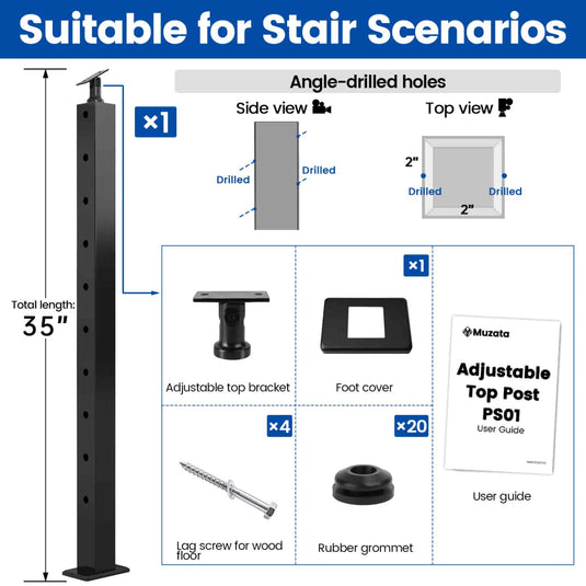 Muzata 36"x2"x2" 30°-drilled Angle Stainless Steel Top Mount Post PS01 BA4S