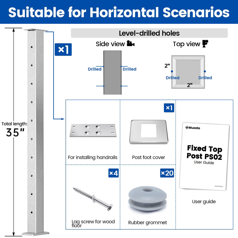 Load image into Gallery viewer, Muzata 36" Brushed Stainless Steel Surface Mount Post, Level Drilled
