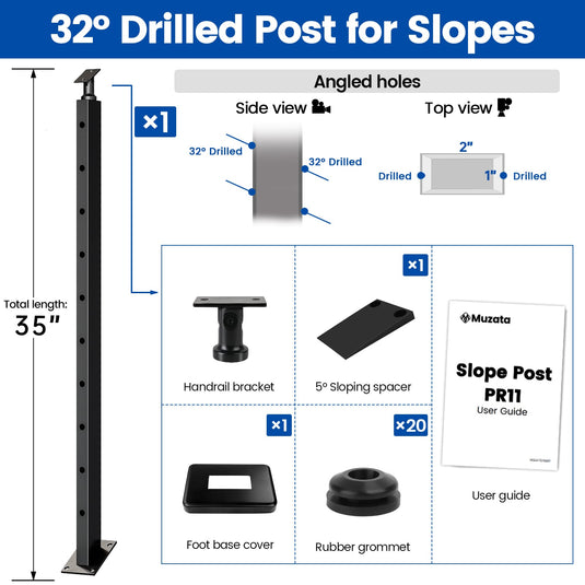 Components of Muzata 32° drilled post for sloped cable railing installation